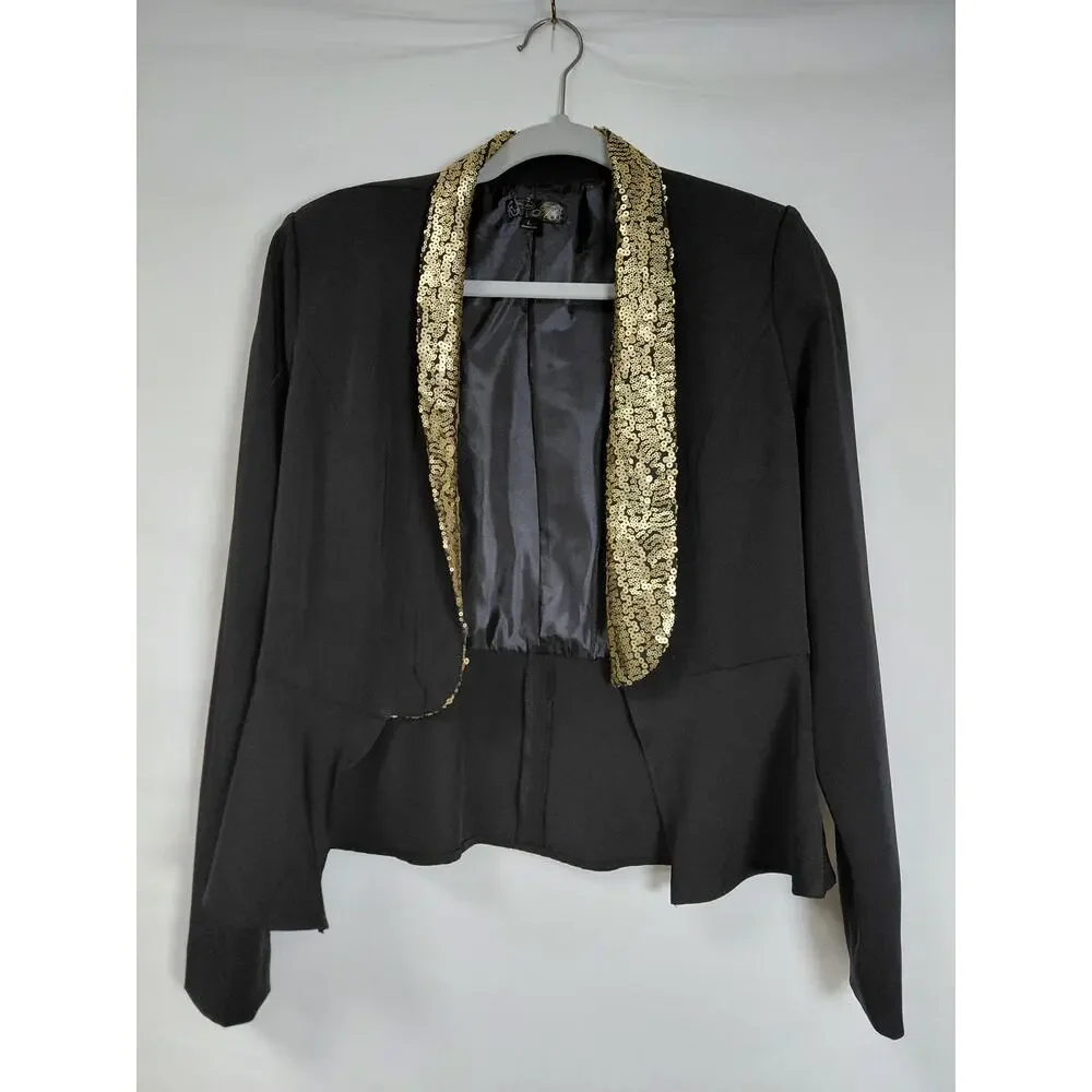 Mandee Black Gold Sequin Shawl Collar Peplum Open Front Jacket Women Size L
